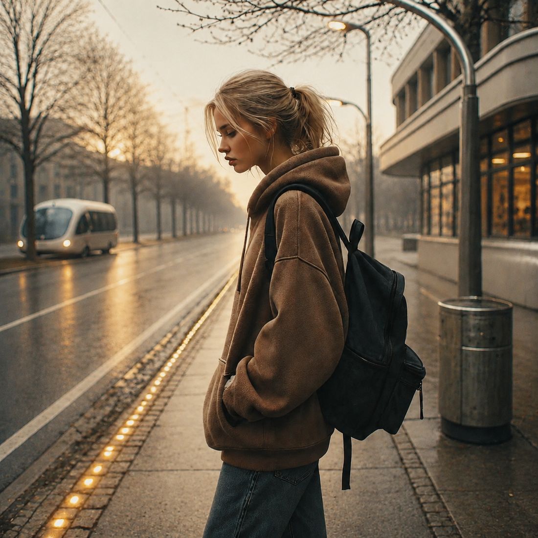 A young person with a backpack pausing on a city sidewalk at dawn, looking down as the light comes up behind them.