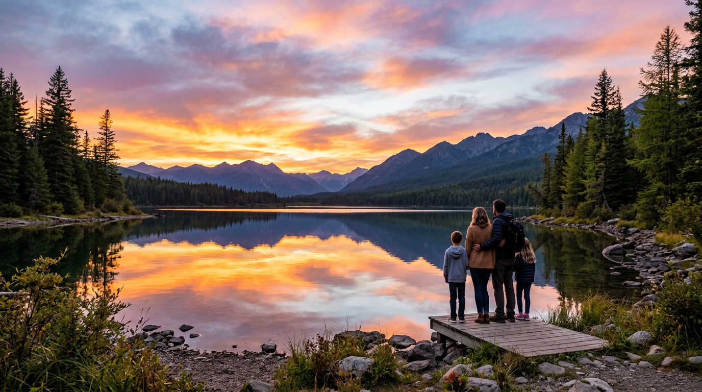 A family standing together on a dock at sunset, looking out over a still mountain lake
